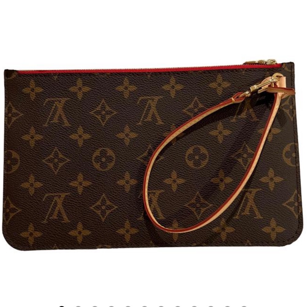 Louis Vuitton Neverfull Clutch Monogram Pouch Brown Red Canvas Wristlet
